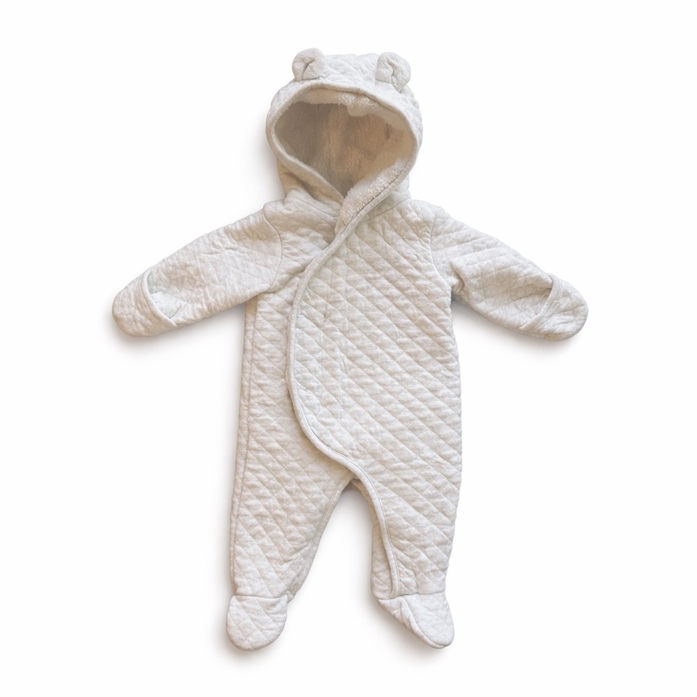 Baby Quilted Bunting One-Piece 3 Month Ivory Hooded Fold-Over Hands Unisex EUC